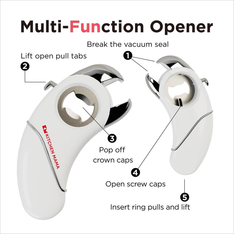 Kitchen Mama Epic One Multifunction Opener: A Pick Ergonomic Opener- Magnetic Bottle Opener, Beer & Soda Can Opener, Pull Tab & Jar Opener for Weak Hands and Arthritis (White) - Image 2